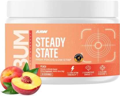 RAW Steady State Low Stim Nootropic Pre Workout Powder for Men & Women - Low Stimulant Neuopathy Supplement for Energy & Focus - No Jitters or Tingles - Natural Extended Release Caffeine - 20 Servings