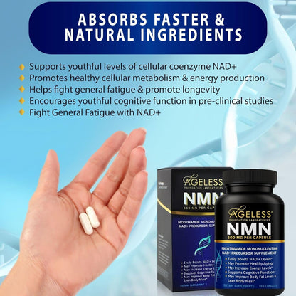 NMN Supplement 500mg For Women & Men 90 Capsules, Supports skin health | 99% Pure Nicotinamide Mononucleotide, NAD Boost for Healthy Aging & Cellular Energy, Longevity Support, Non-GMO Vegan