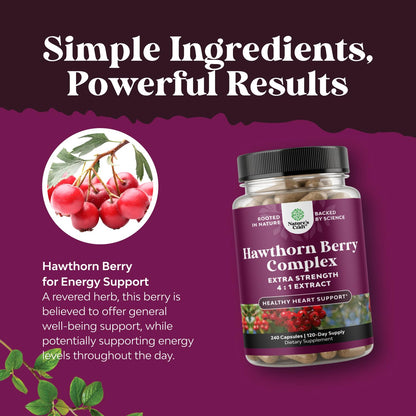 High Strength Hawthorn Berry Capsules - Pure Antioxidant Hawthorn Berry Supplement with Leaf & Flower Extract 4:1 for Healthy Heart & Digestion - Energy Support for Men & Women - 120 Count Pack