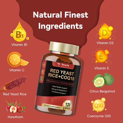 Totaria Red Yeast Rice 2,000mg with CoQ10 Supplement - Advanced Healthy Heart & Healthy Cholesterol Levels - Citrinin Free Extract Red Yeast Rice Capsules Plus Citrus Bergamot - Vegan, Non-GMO