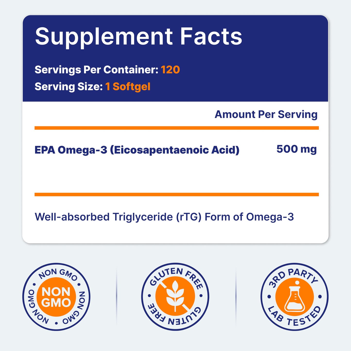 OmegaVia EPA 500, Purified Omega-3 Fish Oil Supplement, 500 mg EPA in Triglyceride Form, Burpless Fish Oil, Non-GMO, Gluten-Free, IFOS 5-Star, 120 Softgels