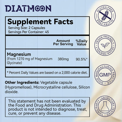 Magnesium Glycinate Capsules 380mg Organic Chelated Vegan 90 Counts GMP | Gentle & Efficient Absorption, Support Sleep Muscle Bone Heart Health, Stress Relief, Filler Free, Non GMO, Gluten Free