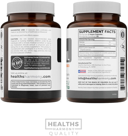 Black Seed Oil - 120 Softgel Capsules Skin Health (Non-GMO & Vegan) Cold-Pressed Nigella Sativa Producing Pure Black Cumin Seed Oil with Vitamin E - 500mg Each, 1000mg Per 2 Capsule Serving