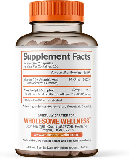 Wholesome Wellness Liposomal Vitamin C Capsules (200 Pills 1500mg Buffered) High Absorption, Immune System & Collagen Booster, High Dose Fat Soluble Immunity Support Ascorbic Acid, Natural Vegan