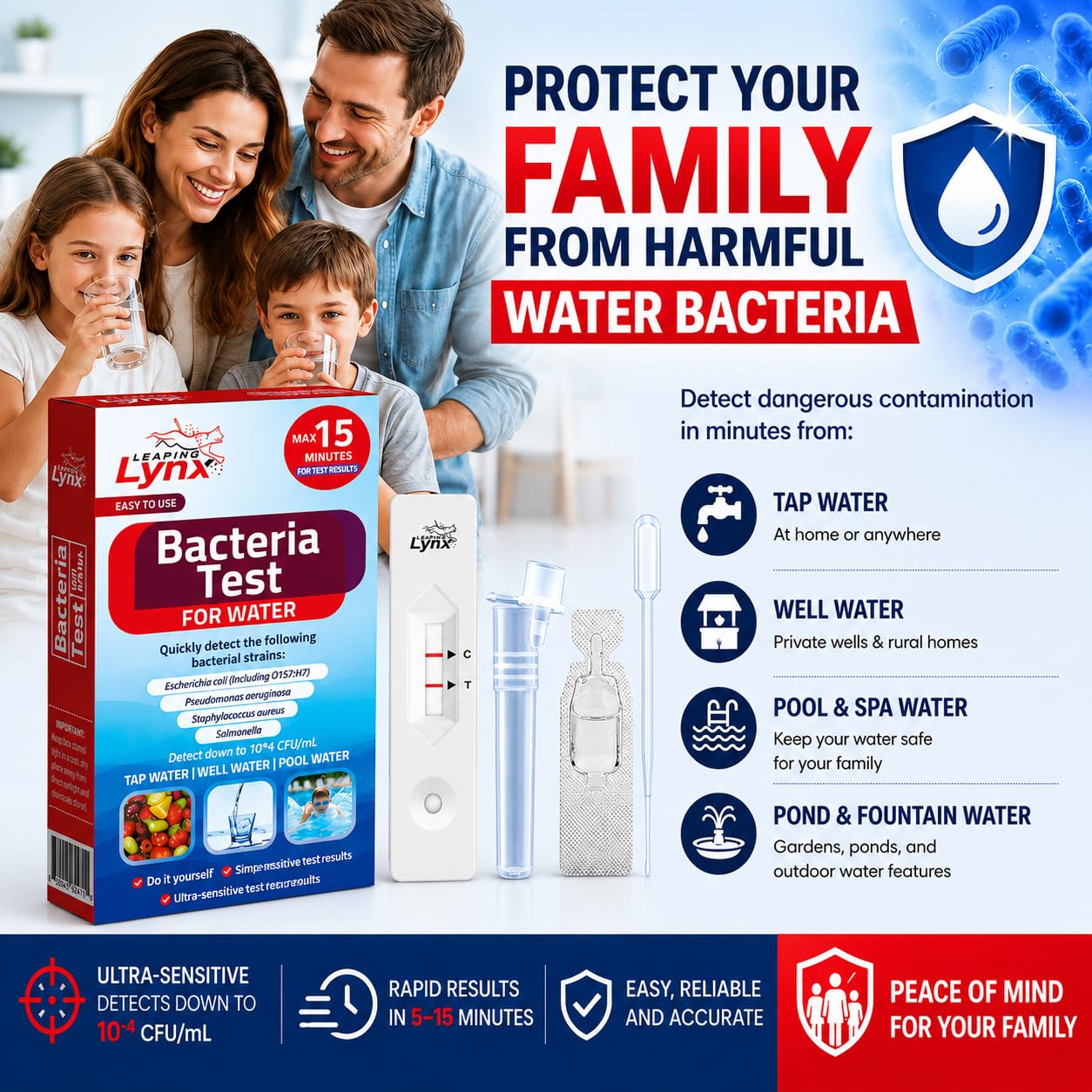 Bacteria Water Test Kit – Coliform, E. coli Detection for Well & Tap Water | Rapid Home Drinking Water Screening Kit with Lab-Quality Results | Leaping Lynx