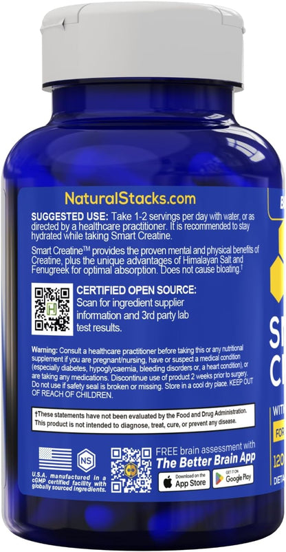 Creatine Monohydrate 2500mg Capsules, Advanced Absorption, 120 Count | With 450mg fenugreek extract and 250mg Himalayan pink salt. Supports muscle building, endurance, and brain health.