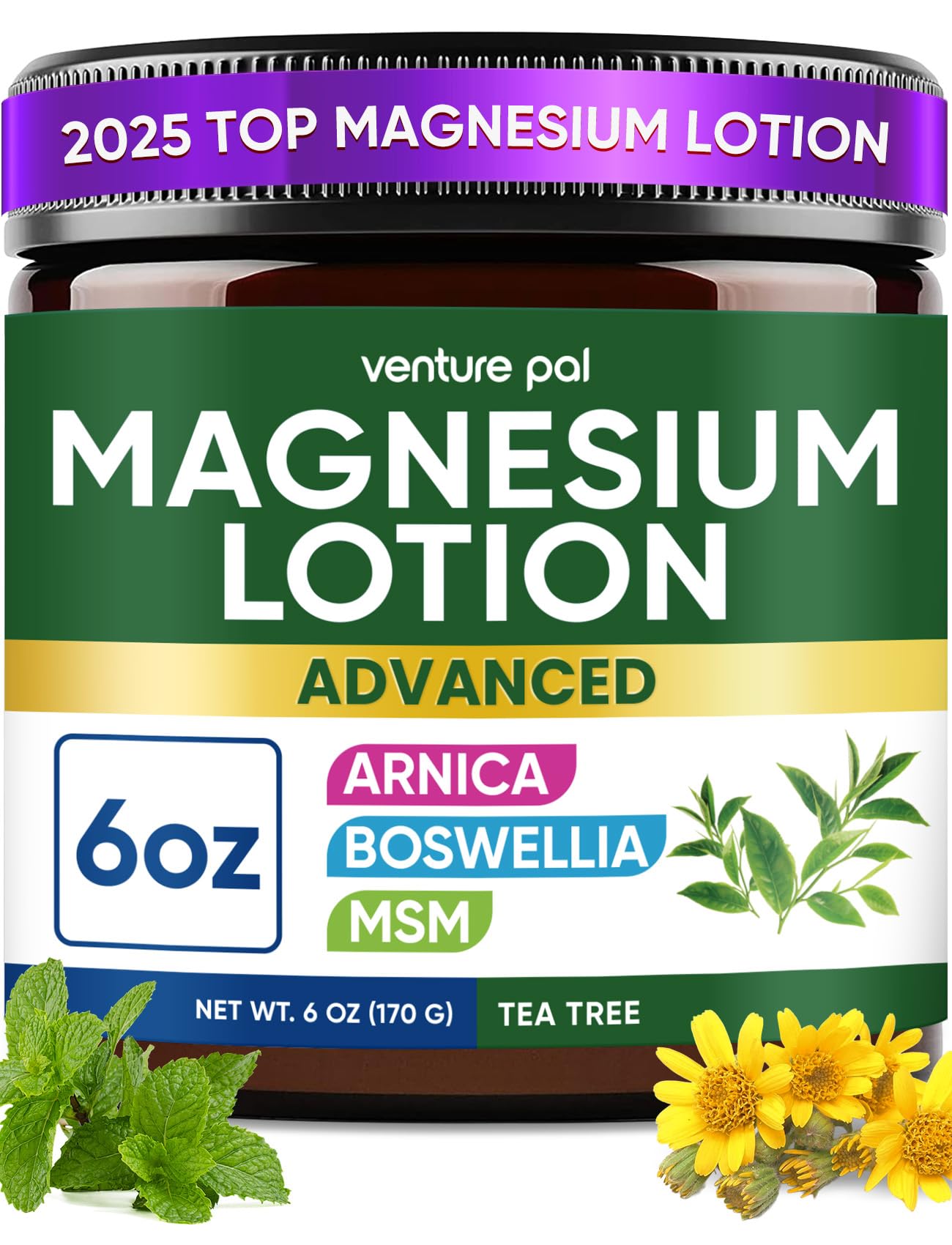Magnesium Lotion with Arnica, MSM & Boswellia – Safe for Kids – 6 fl oz | Cooling Magnesium Cream – Lightweight Moisturizing Lotion for Legs & Feet