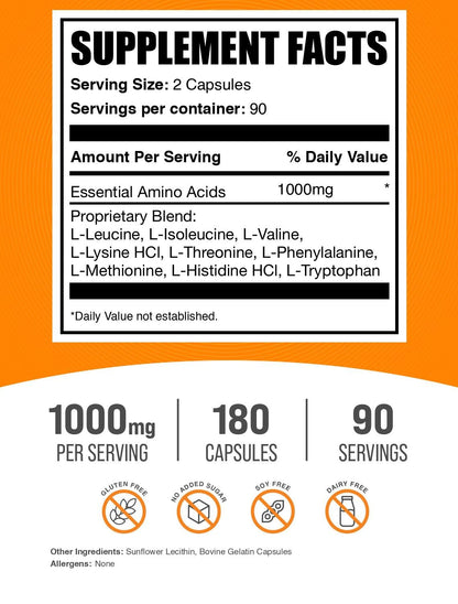 BulkSupplements.com Essential Amino Acids Capsules (EAA) - Amino Acids Supplement - EAAs Amino Acids - EAA Capsules - 1000 mg Serving - 90 Day Supply (180 Gelatin Capsules)