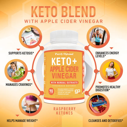 Purely Optimal Premium Keto+Apple Cider Vinegar Pills - Promote Ketosis, Boost Energy