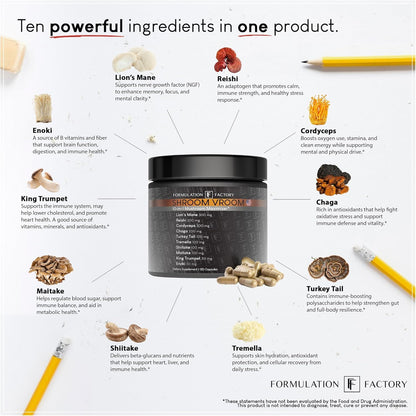 Formulation Factory Shroom Vroom 10-in-1 Mushroom Complex (2-Pack) with Lion's Mane, Reishi, Cordyceps, Chaga, Turkey Tail, Tremella, Maitake, Shiitake & More - 120 Capsules, 2 Month Supply