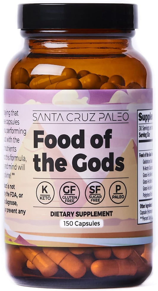Santa Cruz Paleo, Food of the Gods Grass Fed Beef Organ Supplement for Men and Women, with Collagen, Maca Root, Colostrum, Bone Broth, Iron, Vitamin B12, Gluten Free, Keto Friendly, 30 Servings