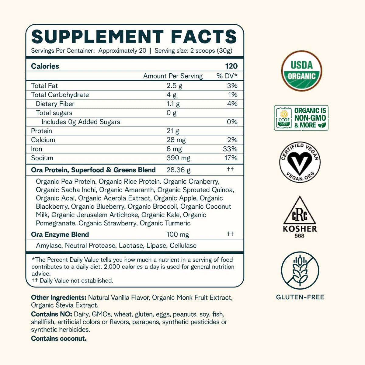 Ora Organic Protein Powder - 21g Plant-Based Protein for Women and Men Pre-Workout