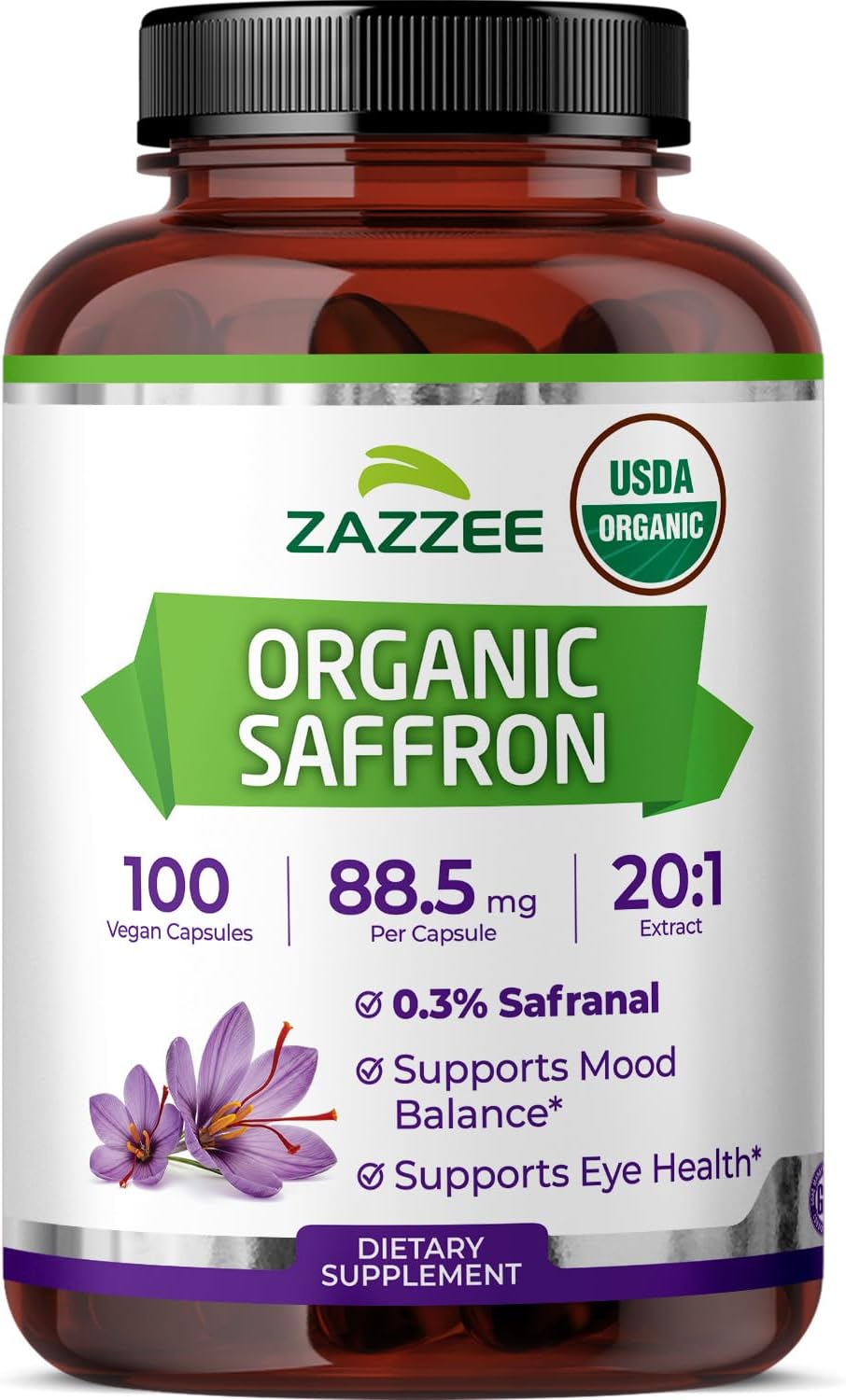 Zazzee USDA Organic Saffron 20:1 Extract, 88.5 mg, 0.3% Safranal, 100 Vegan Capsules, 3+ Month Supply, Concentrated and Standardized 20X Extract, Non-GMO, All-Natural, Made in the USA