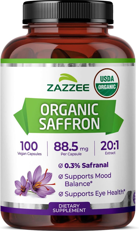 Zazzee USDA Organic Saffron 20:1 Extract, 88.5 mg, 0.3% Safranal, 100 Vegan Capsules, 3+ Month Supply, Concentrated and Standardized 20X Extract, Non-GMO, All-Natural, Made in the USA