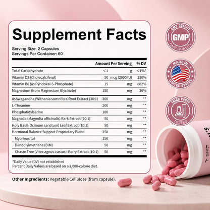 Women's Cortisol Supplement – Stress Relief, Sleep Aid, Hormone Balance, Mood & Focus, PMS*| Ashwagandha 30:1, L-Theanine, Magnesium Glycinate, Phosphatidylserine, DIM, Vitex & Myo-Inositol, 120 Ct.