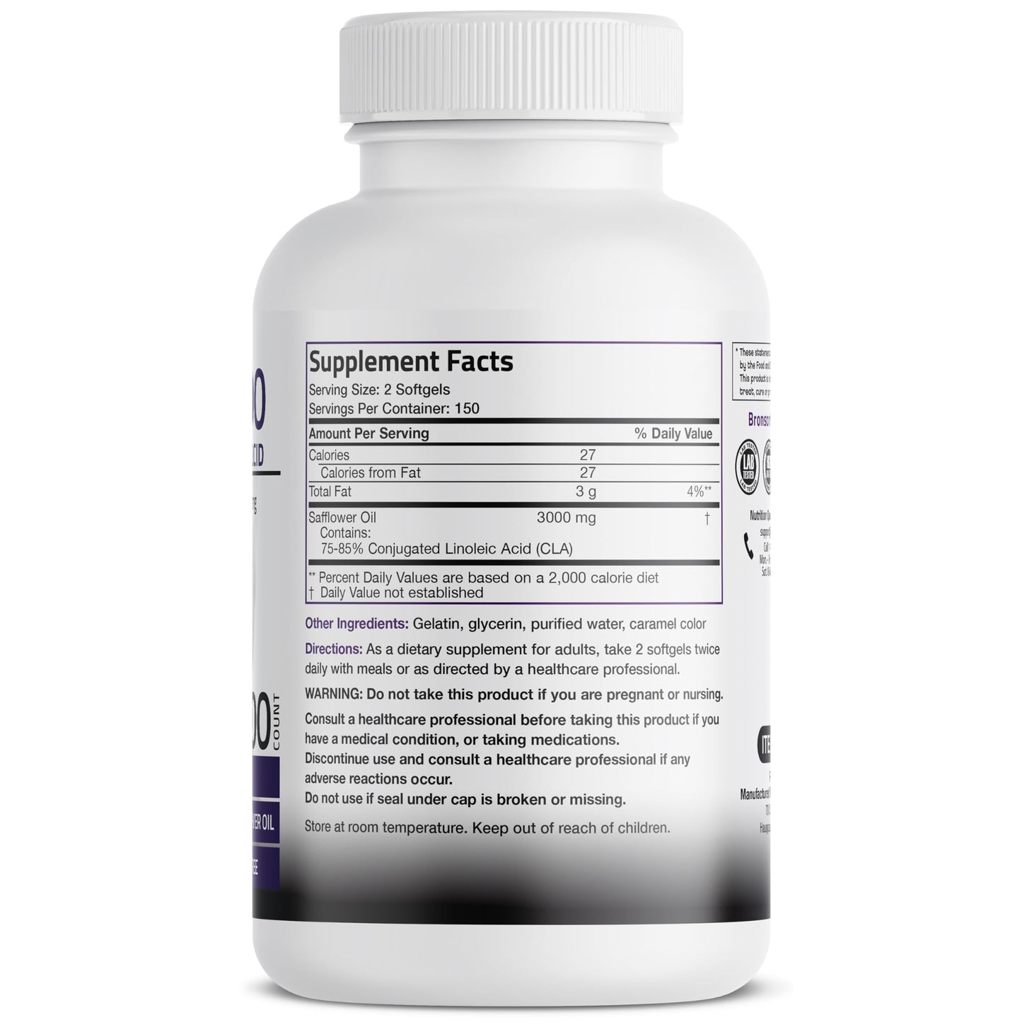 Bronson CLA 3000 Extra High Potency Supports Healthy Weight Management Lean Muscle Mass Non-Stimulating Conjugated Linoleic Acid 120 Softgels | 2250 mg Active CLA per Serving, Non-Stimulating, 100% Safflower Oil, Lean Body Mass Support, Non-GMO
