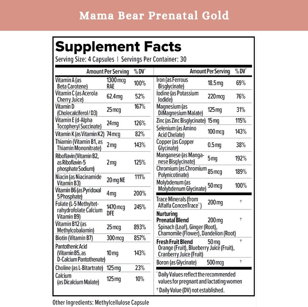 SPRIGS Mama Bear Prenatal Gold Multivitamin with Methylated Folate & Choline, Easy to Digest Prenatal Vitamins for Women, Clean Herbal Blend Pregnancy Support Supplement, 120 Capsules