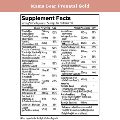 SPRIGS Mama Bear Prenatal Gold Multivitamin with Methylated Folate & Choline, Easy to Digest Prenatal Vitamins for Women, Clean Herbal Blend Pregnancy Support Supplement, 120 Capsules