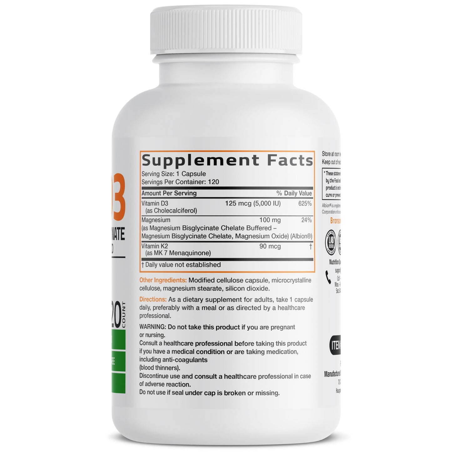 Bronson Vitamin K2+D3 Magnesium Glycinate Supplement, 60 Capsules | 3-in-1 Bone & Heart Health Support Formula, Non-GMO, Gluten Free, Soy Free