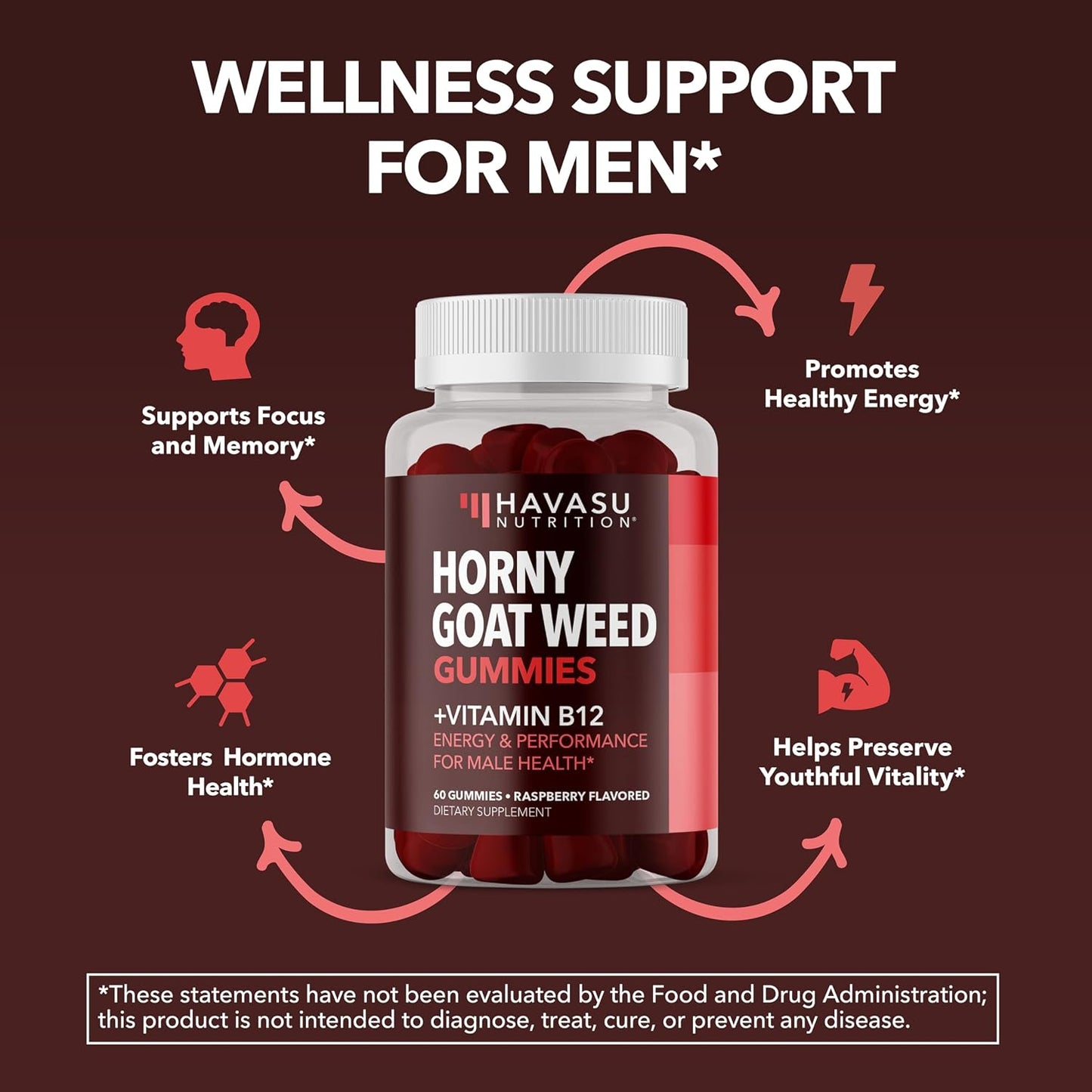 Horny Goat Weed Gummies with Vitamin B12, Raspberry Flavor, 30 Servings | Vegan, Non-GMO Horny Goat Weed Gummies to Support Drive, Vitality and Performance for Men, 60 Count, 1-Month Supply