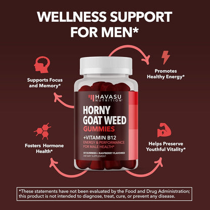 Horny Goat Weed Gummies with Vitamin B12, Raspberry Flavor, 30 Servings | Vegan, Non-GMO Horny Goat Weed Gummies to Support Drive, Vitality and Performance for Men, 60 Count, 1-Month Supply