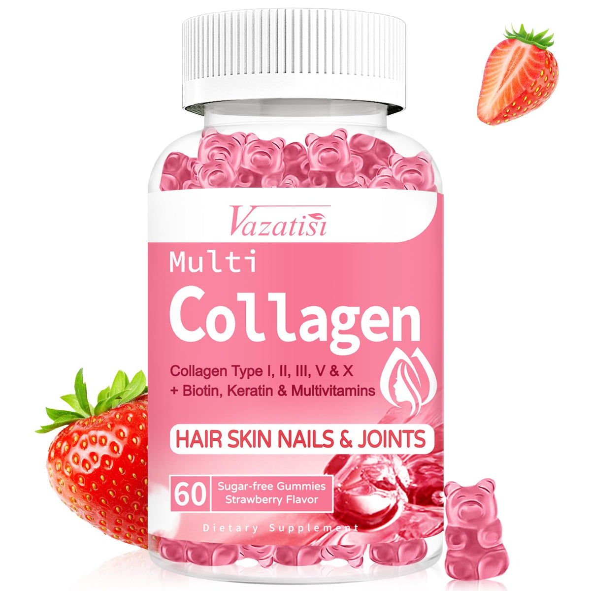 Sugar Free Collagen Gummies for Women Men, 2500mg Collagen with Biotin Sea Moss wberry Flavored Supplement