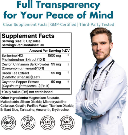 GLP-1 Supplement – High Potency Berberine HCl 1500mg with Ceylon Cinnamon, Green Tea & Cayenne Extract – Supports Appetite Control, Gut Balance & Metabolism – 90 Capsules
