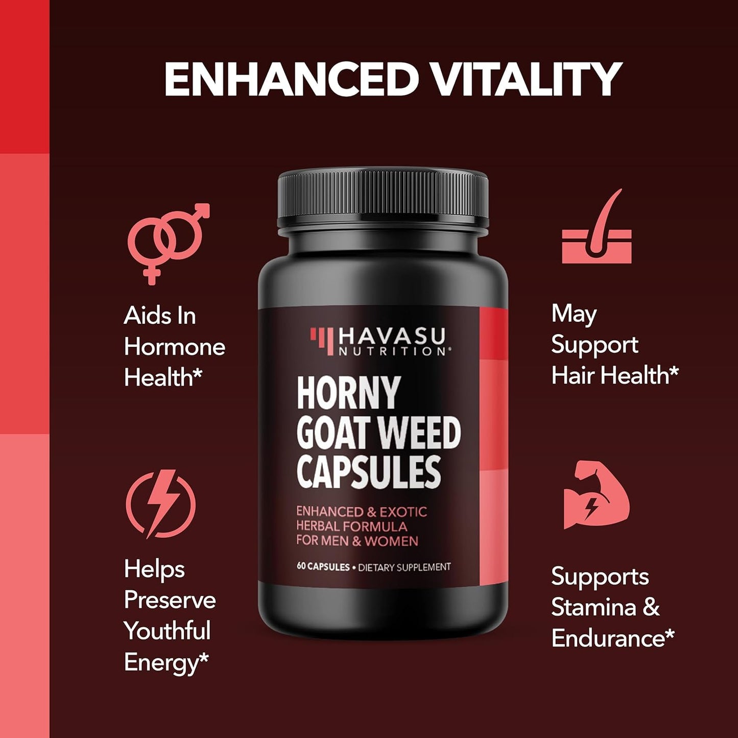 Horny Goat Weed with Maca, Tongkat Ali and Saw Palmetto, 30 Servings | Vegan, Non-GMO, Gluten free Horny Goat Weed Capsules for Men & Women, Extra Strength Performance, 60 Count, 1 Month Supply