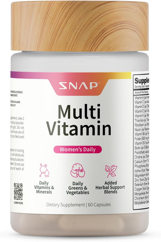 Snap Supplements Daily Multivitamin for Women, 60 Capsules | Daily Vitamins for Women with Minerals, Greens & Vegetables, Added Herbal Support Blends, Antioxidant Support, Non-GMO