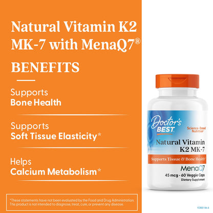 Doctor's Best Natural Vitamin K2 MK7 Supplement for Men & Women - Bone Health Support, 45 mcg Vitamin K-2 MK-7 Capsules with MenaQ7, Calcium Support, Non GMO, Vegan - 60 Veg Caps