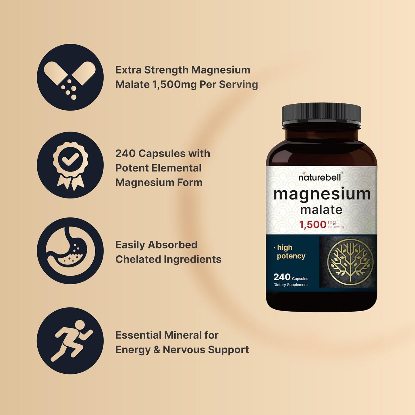 NatureBell Magnesium Malate 1,500mg, 240 Capsules | Chelated for High Absorption | Energy & Nervous System Support | Non-GMO, Gluten-Free
