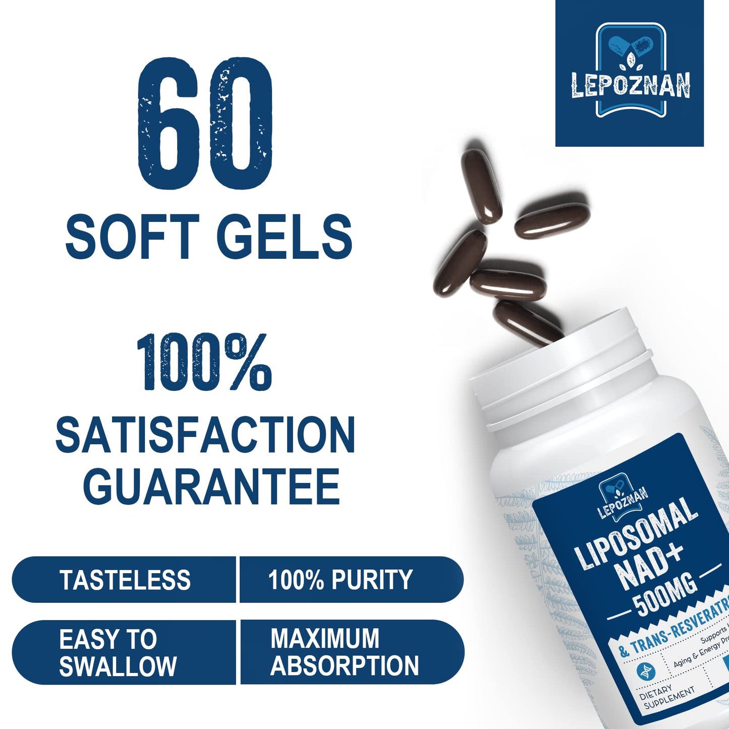 Liposomal NAD+ 500 mg + Trans-Resveratrol 300 mg, Superior Absorption True NAD Supplement Efficient for Cellular Energy Metabolism & DNA Repair, 60 Softgels
