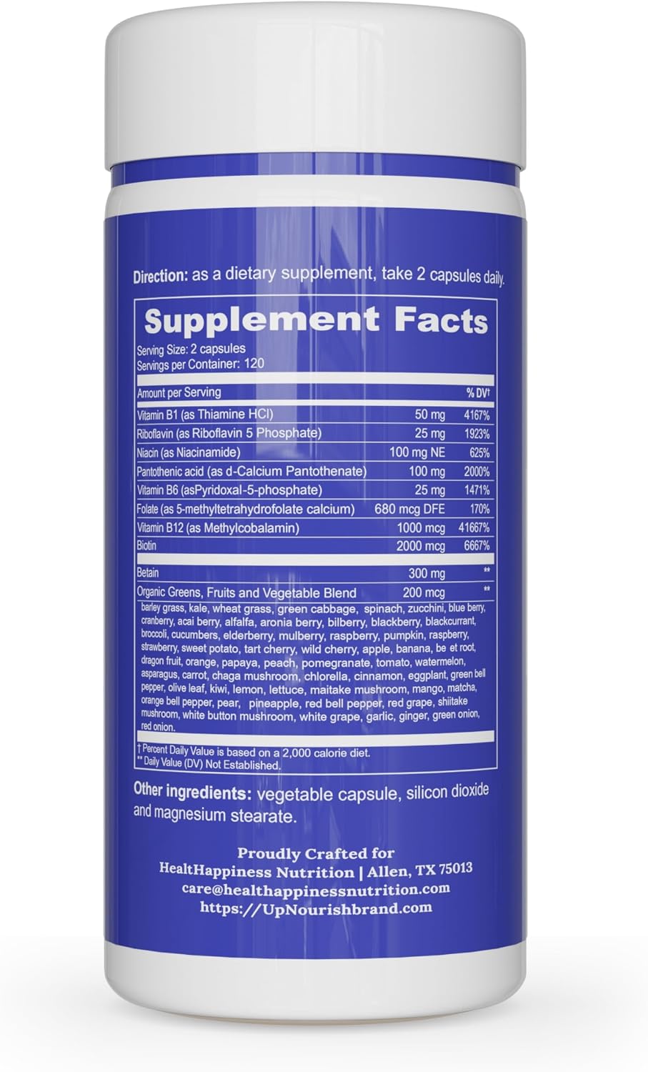 UpNourish Methylated B Complex Vitamins for Women and Men, 240 Veggies Capsules - Active Pure B Complex with Organic Fruits, Vegetables, B1 Thiamine, B2 Riboflavin, B3 Niacin, Folate, Methylcobalamin