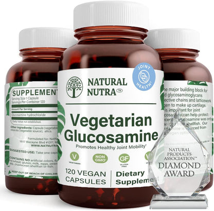 Natural Nutra Vegan & Vegetarian Glucosamine Hydrochloride, 120 Capsules | 750 mg, Kosher, Shellfish-Free, Plant-Based, Joint Support Supplement, Helps Joint Health & Muscle Gristle