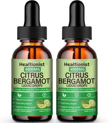 2 Packs 4000mg Citrus Bergamot Liquid Drops - Cholesterol Lowering Supplement for Immune Support Anti-Aging, Hight Cholesterol - Soursop Bitters Liquid, High Absorption, 4 Fl Oz