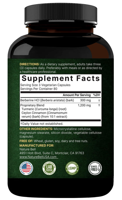 NatureBell Berberine Supplement 1,500mg with Ceylon Cinnamon & Turmeric Root, 240 Veggie Capsules | 97% Pure Berberine HCL | Supports Balanced Sugar Levels & Heart Health | Vegan, Non-GMO