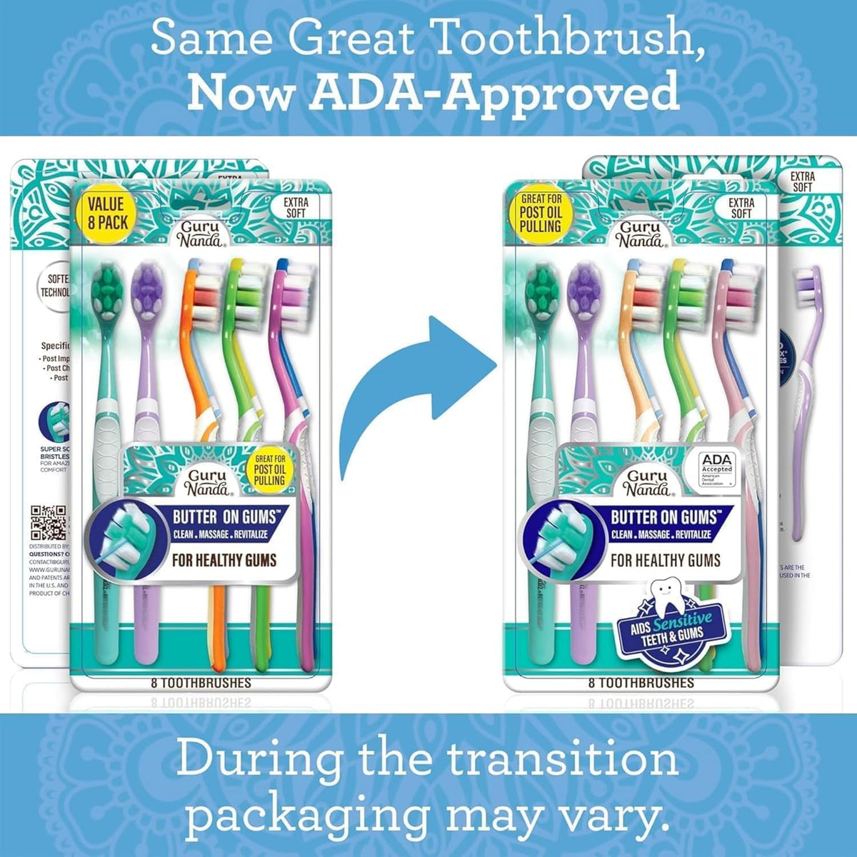 GuruNanda Butter On Gums Toothbrush, ADA Accepted, with 8000+ Ultra Soft Softex Bristles for Sensitive & Receding Gums, Perfect for Whiter Teeth, 8 Ct