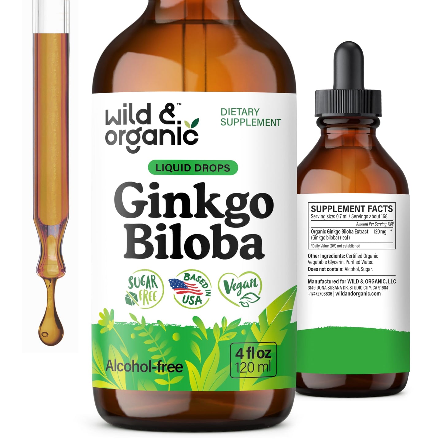 Wild & Organic Ginkgo Biloba Extract Drops - Brain & Focus Support - Liquid Ginkgo Biloba Supplements - Vegan, Sugar & Alcohol-Free Herbal Tincture - 4 fl oz