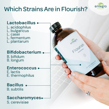 ENTEGRO Flourish Original Liquid Probiotic & Postbiotic Supplement, Plastic | 11 Live Cultures, Gut & Digestive Health For Women, Men & Kids, Organic, Vegan, Allergen Free, Non-GMO, USA Made, 16 fl oz