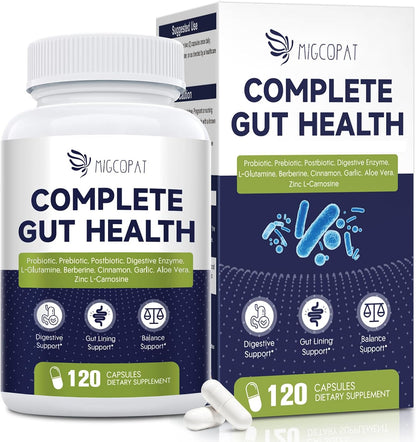 Migcopat Probiotic Prebiotic, Postbiotic & Digestive Enzymes for Digestive Health, 80 Billion CFU Probiotics Complete Gut Support with Berberine, Cinnamon, L-Glutamine, for Men & Women, 120 Capsules