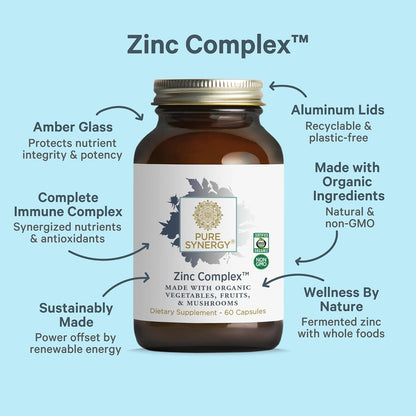 PURE SYNERGY Zinc Complex | Immune Support Supplement | Natural, Vegan Zinc Complex with Vitamin C and Organic Whole Foods | for Immune, Brain, and Skin Health (60 Capsules)