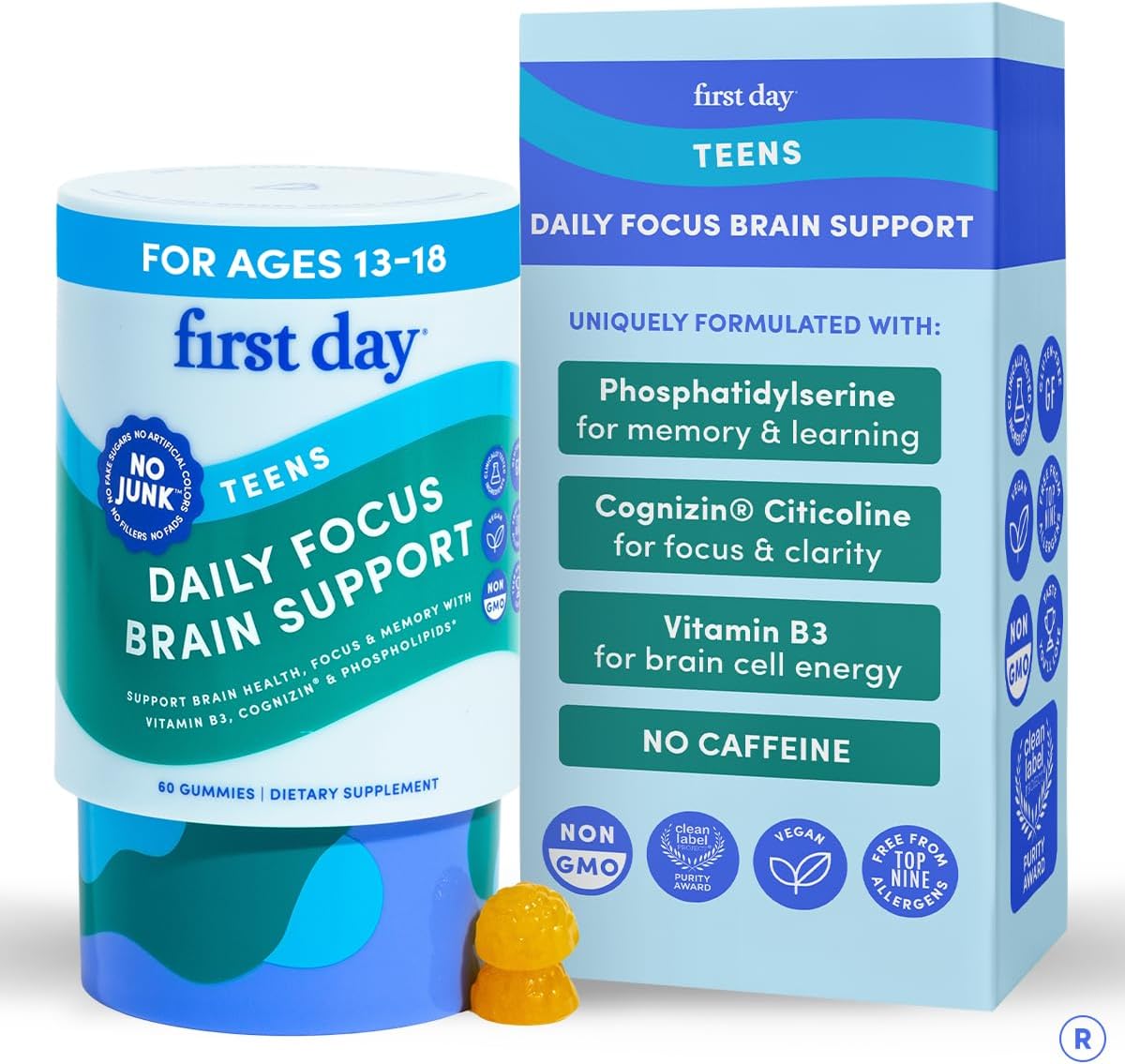 Teen Focus Gummies with Cognizin Citicoline, PS & Vitamin B3 for Ages 13-18
