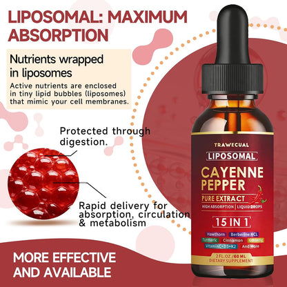 15 in1 Liposomal Cayenne Pepper Liquid Drops Supplement, with Vitamin D3 K2, Hawthorn, Berberine HCL, Beet Root, Turmeric, Cinnamon, Digestion, Circulatory Heath Support- 2 Fl Oz for 30 Days