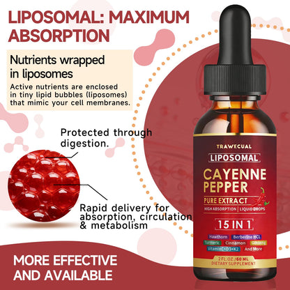 15 in1 Liposomal Cayenne Pepper Liquid Drops Supplement, with Vitamin D3 K2, Hawthorn, Berberine HCL, Beet Root, Turmeric, Cinnamon, Digestion, Circulatory Heath Support- 2 Fl Oz for 30 Days