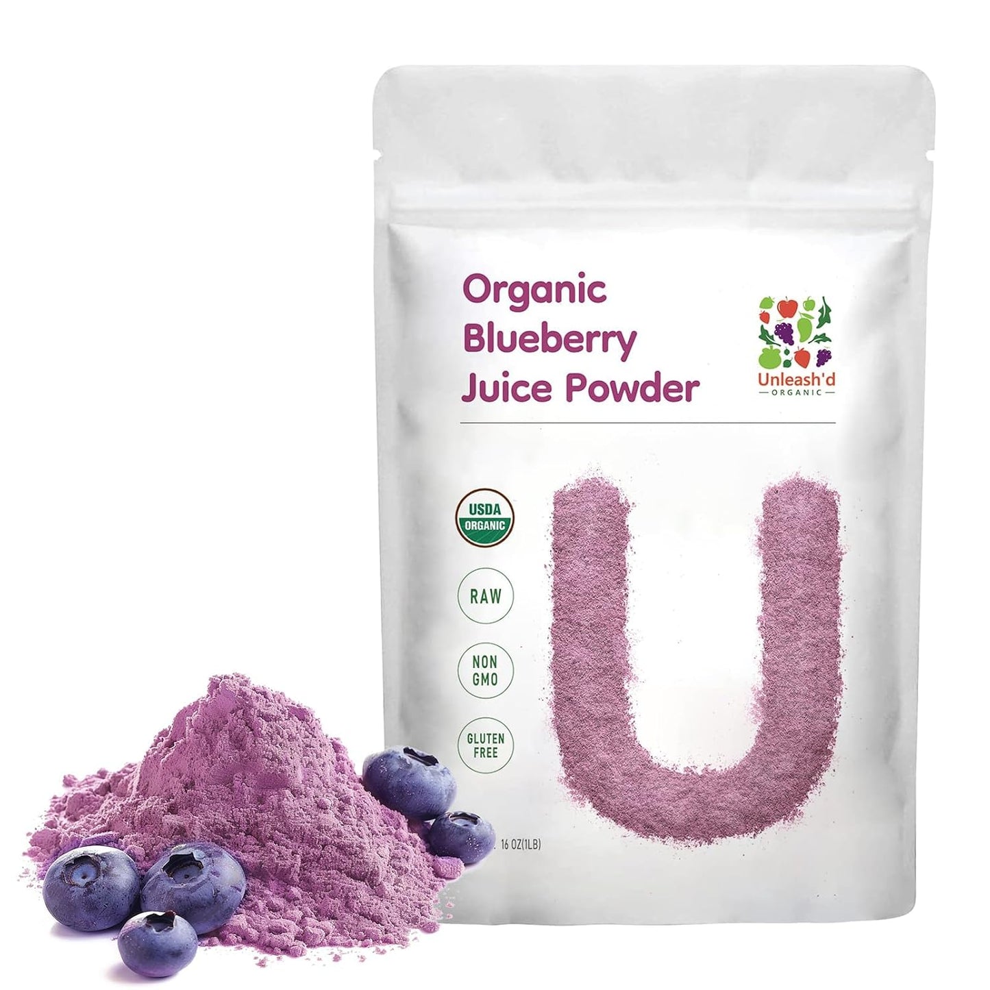 UNLEASH'D ORGANIC Organic Blueberry Juice Powder 16 oz – 100% Pure Natural Superfood, Rich in Antioxidants & Vitamins