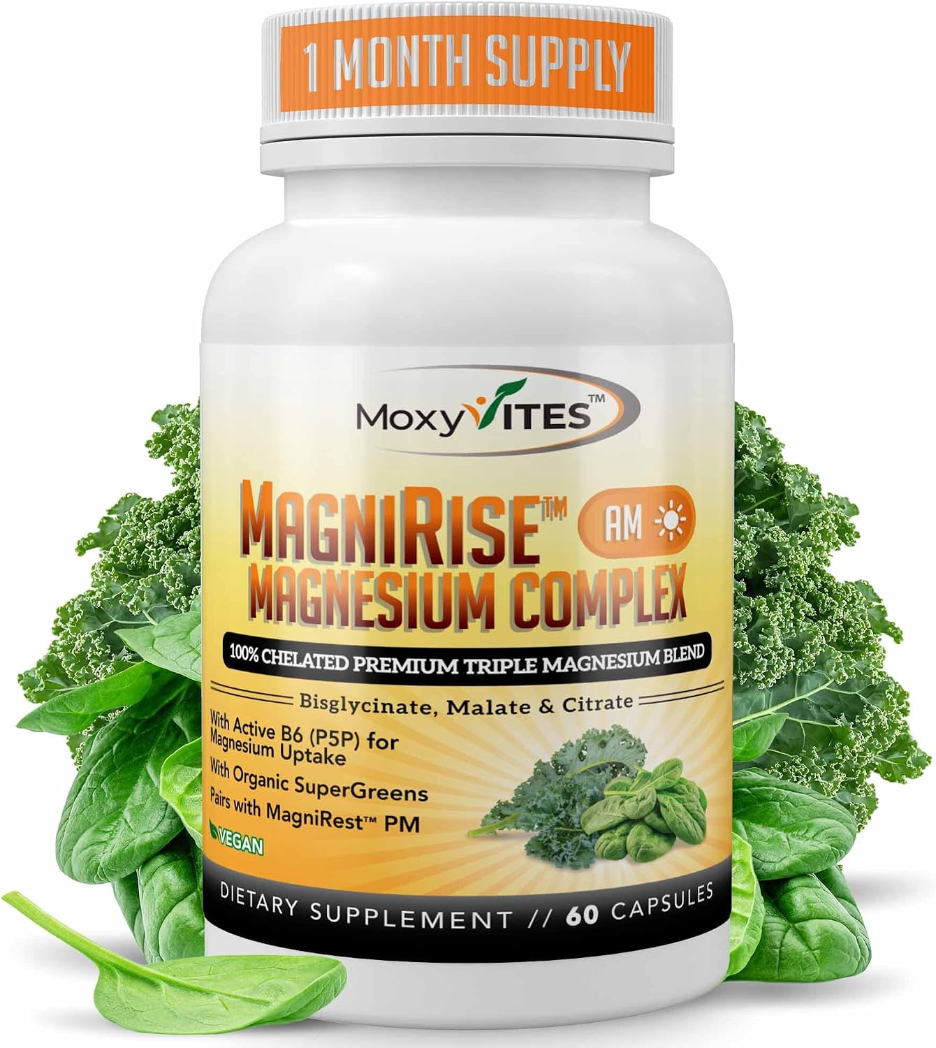 MoxyVites MagniRise™ AM– Magnesium Complex for Women & Men - 200mg Magnesium Bisglycinate, Malate, Citrate, B6, Organic SuperGreens – Chelated, High Absorption – Pairs with MagniRest™ PM – 60 Capsules