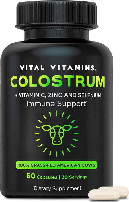 Vital Vitamins Colostrum Supplement, 30% IgG, Grass-Fed Bovine, 60 Capsules | Supports Immune Defense & Gut Health, Colostrum with Vitamin C, Zinc, & Selenium, Non-GMO
