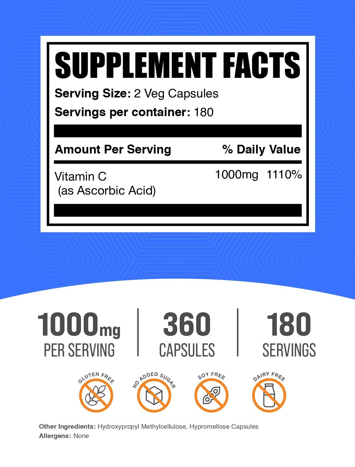 BulkSupplements.com Ascorbic Acid Capsules - Ascorbic Acid Vitamin C 1000mg, Vitamin C Supplement - Vegan & Gluten Free, 2 Capsules per Serving, 360 Count (Pack of 1)
