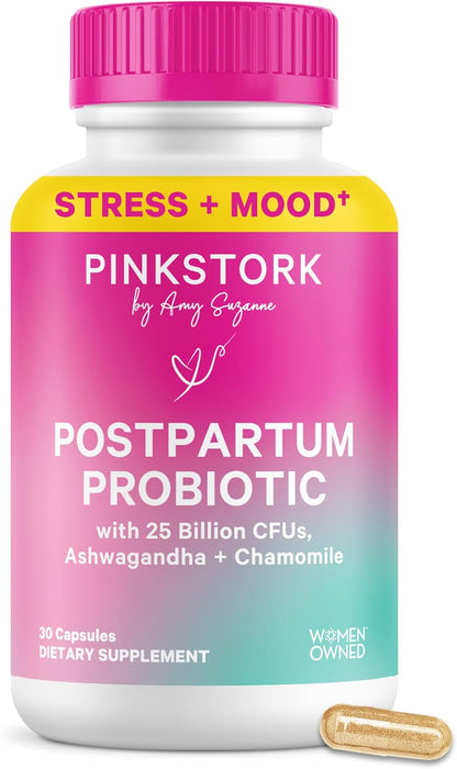 Pink Stork Probiotics for Postnatal Women - 30 Billion CFUS with Ashwagandha and Chamomile, Postpartum Essentials for Hormone Balance, Mood Support, Gut Health, Digestive Wellness, 30 Capsules