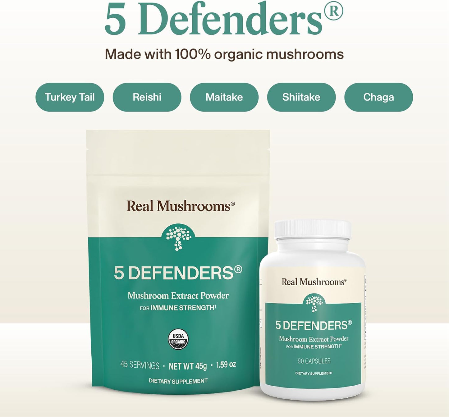 Real Mushrooms 5 Defenders Mushroom Complex - Functional Mushrooms Extract from Chaga, Shiitake, Maitake, Reishi, Turkey Tail Mushroom Blend for Wellness Support with Beta Glucans - 45 Servings